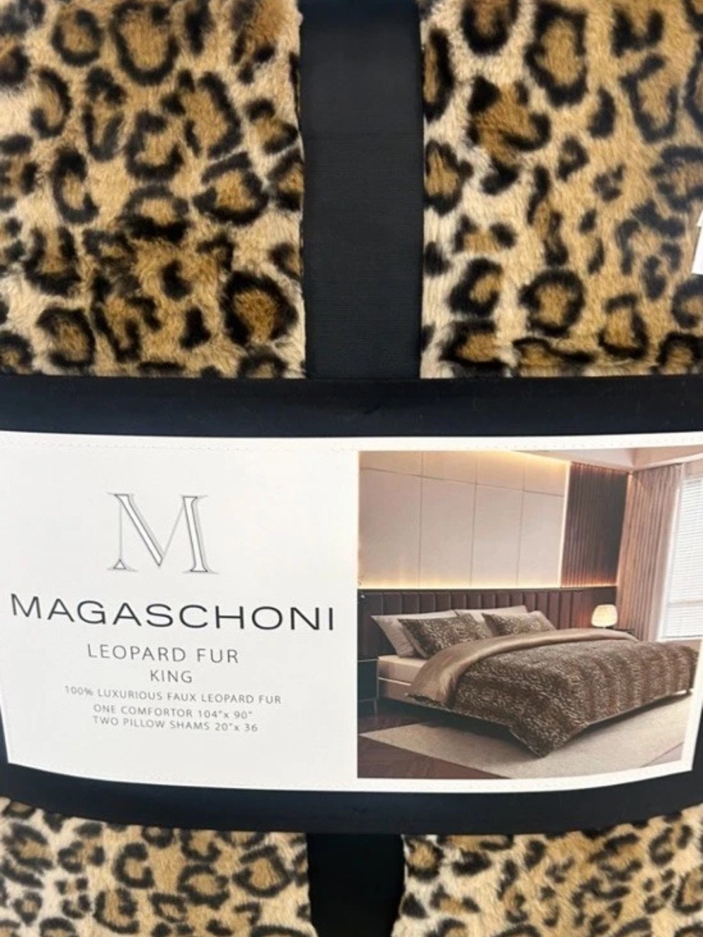Magaschoni Luxury Leopard Brown and Black Faux Fur King Comforter Set 104”x90”